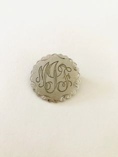 Lamode Vintage Monogrammed MJF Sterling Pin Brooch. - Etsy Personalized Silver Lapel Pin Gift, Personalized Silver Lapel Pin As Gift, Personalized Silver Lapel Pin For Gift, Personalized Silver Pins For Anniversary, Elegant Personalized Silver Brooches, Round Engraved Brooches For Gifts, Personalized Silver Brooches For Anniversary, Round Engraved Brooches As Gifts, Vintage Monogram