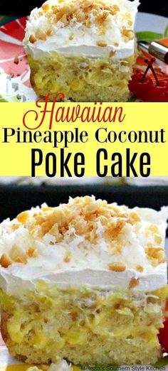 a piece of hawaiian pineapple coconut poke cake on a plate