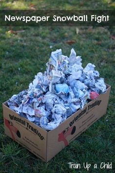 a box full of newspaper sitting in the grass