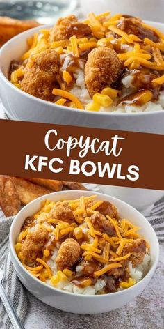 KFC bowls with chicken, mashed potatoes, gravy, corn, and cheese Kfc Bowls, Copycat Kfc, Quick And Easy Dinner, Recipe Healthy