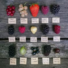 an assortment of fruits and vegetables displayed on wooden boards with labels for each individual item