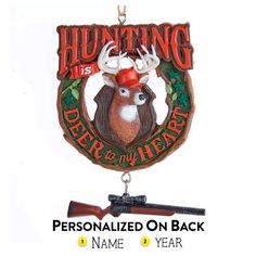 Commemorate a great hunting trip with this "Hunting Is Deer To My Heart" ornament this holiday season. Personalize it with a name and year to remember a great hunt. It features a deer head at the center of a wood like wreath with a shotgun dangle. Item #J8672 Material: Resin Size: 4.1" Includes Rope String Hanger Hunting Ornaments, Heart Christmas Ornaments, Old World Christmas Ornaments, Heart Christmas, Hunting Trip, Collections Etc, Holiday Store, Old World Christmas, A Deer