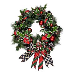 a christmas wreath with holly and ornaments