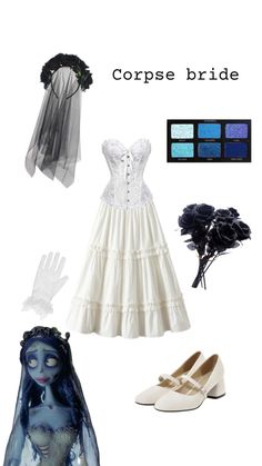 the corpse bride costume is shown with accessories