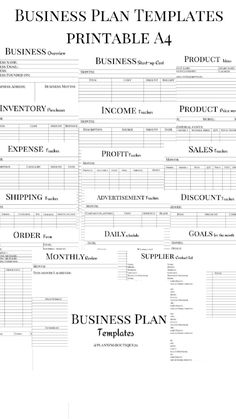 the business plan template is shown in black and white, with an additional title for each section