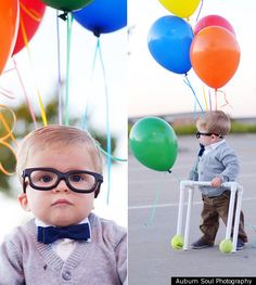 a little boy wearing glasses and a bow tie standing in front of balloons with a ladder