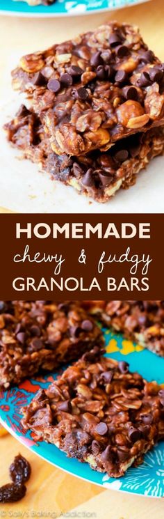 homemade granola bars with chocolate chips on top and the words homemade are in front