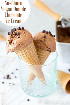 two scoops of ice cream with chocolate chips on top in a glass cup next to an icecream