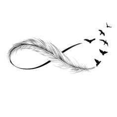 a drawing of a feather and birds flying in the sky with their tails curled up