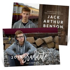 two graduation announcement cards with an image of a young man sitting on the ground in front of a train