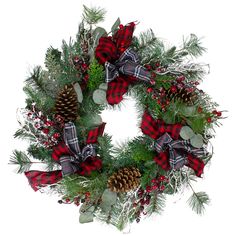 a christmas wreath with pine cones and evergreens