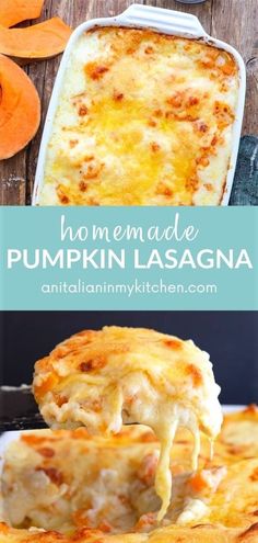 homemade pumpkin lasagna recipe with cheese being lifted from the casserole