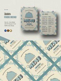 the menu is designed with blue and white designs