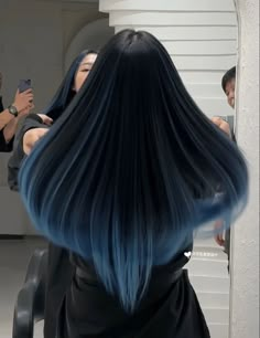 Korean Hair Color Blue, Black And Light Blue Hair, One Streak Of Color In Hair, Smokey Blue Hair, Blue Hair Underneath, Black And Blue Hair, Blue Hair Streaks, Dyed Hair Blue, Blue Ombre Hair