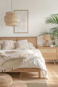 a bed with white linens and pillows in a bedroom next to a potted plant