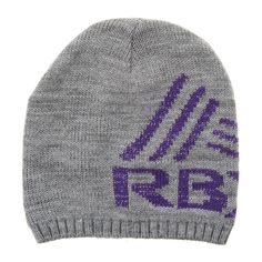 a grey beanie with purple letters on it