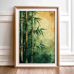 an image of a bamboo tree painting on the wall in a room with wood flooring