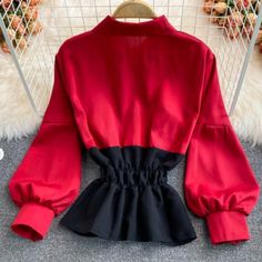 Red Slim Fit Tops For Fall, Red Casual Tops With Anime Print, Red Cotton Top With Anime Print, Casual Red Patchwork Blouse, Red Collared Color Block Top, Red Cotton Top With Striped Collar, Slim Waist, Short Tops, Happy Shopping