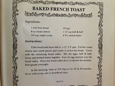 a recipe for baked french toast with instructions on the front and back side in english