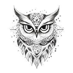 an owl's face with ornate ornaments and stars on the side, in black and white