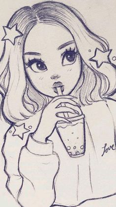 a drawing of a girl drinking from a cup with stars around her neck and nose