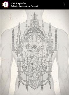 the back of a man's shirt with an intricate design on his chest and shoulders