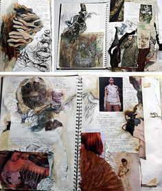 an open book with pictures and text on the pages, including paper collages