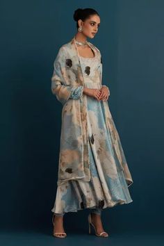 Shop for House of Pink Blue Silk Floral Print Anarkali Set for Women Online at Aza Fashions Organza Printed Dupatta, Churidar Sleeves, Floral Print Anarkali, Silk Kurti Designs, Pink Anarkali, Printed Anarkali, Silk Anarkali, Pearl Work, Silk Kurti