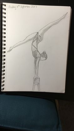 a drawing of a person doing a handstand on a chair with one leg in the air