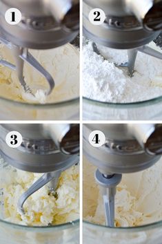 four pictures showing how to make cake batter in a mixing bowl with the mixer attachments