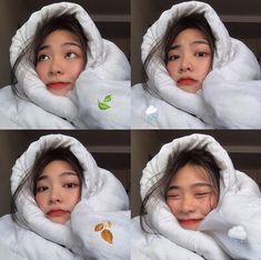 four pictures of a woman wrapped in a white blanket and looking at the camera with different expressions