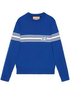 Blue wool sweater by GUCCI, characterized by front logo with graphic detail in shades of white, crew neck and long sleeves. This item is in size S and the color is Gucci Wool Crew Neck Sweater, Gucci Blue Casual Sweater, Casual Blue Gucci Sweater, Gucci Casual Blue Sweater, Gucci Blue Long Sleeve Sweater, Blue Long Sleeve Gucci Sweater, Classic Gucci Sweater With Ribbed Cuffs, Gucci Wool Sweater With Ribbed Cuffs, White Gucci Tops For Winter