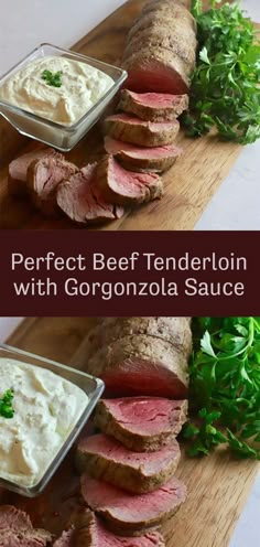 sliced beef with gorgonzolla sauce on a cutting board