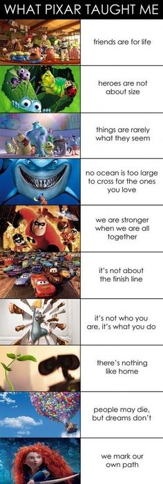 the pixar movie poster is shown in four different languages, including one for each character