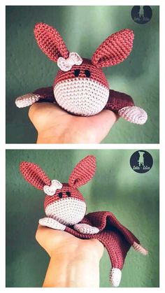 crocheted stuffed animal in the shape of a rabbit is being held by someone's hand