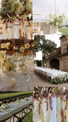 a collage of photos with flowers and bridesmaids in white dresses at a wedding