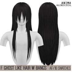 the front and back view of a black wig with long straight hair, as if it were