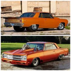 an orange car parked in front of a building next to another orange car with the hood up