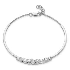 Rhodium over 14K white gold polished bracelet with bezel set cluster of 1.501 cttw lab grown diamonds of VS/SI clarity and G-H color grade. Bracelet measures approximately 7"L x 1/16"W, charm measures approximately 1 7/16"L x 3/8"W. Completes with lobster clasp and has 1/2-inch extension. Silver Diamond Bangle With Bezel Setting, Silver Diamond Bangle Bracelet With Bezel Setting, Modern White Gold Diamond Bracelet With Bezel Setting, Modern White Gold Bracelets With Bezel Setting, Gold Polish, Diamond Gemstone, Bracelet Sizes, Bezel Setting, Gold Material