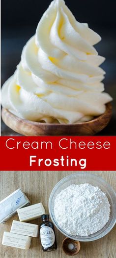 cream cheese frosting in a bowl and ingredients to make it look like whipped cream