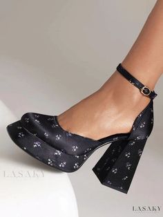 Lasaky - Classic Retro Womens High Heels: Elegant Silk and Satin Pumps with Chunky Heel Floral Print Heels With Ankle Strap For Party, Floral Print Ankle Strap Heels For Party, Vintage High Heels, Heels Elegant, Ankle Strap Chunky Heels, Vintage Pumps, Chunky Heel Pumps, Womens Chunky Heels, Black Pumps Heels