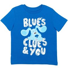 Your little one is dressed for an adventure in this adorable Blue’s Clues and You Short Sleeve T-Shirt. Help Blue by finding the paw prints and figuring out the clues with her friends Steve, Joe, Mr. Salt, Mrs. Pepper, Mailbox, and Magenta. Your kid is ready for fun and play with their favorite Blue's Clues puppy in this short sleeve graphic tee shirt featuring Blue. Playful Blue T-shirt With Letter Print, Blue Pre-shrunk T-shirt For Playtime, Pre-shrunk Blue T-shirt For Playtime, Funny Blue Tops For Playtime, Blues Clues Characters, Light Dark Blue, Cartoon Sketch, Blue's Clues And You, List Of Characters