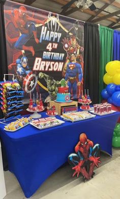 the birthday table is set up with balloons, cake and decorations for children's birthdays