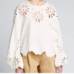 Beautiful Shirt White Long Sleeve Tops With Cutwork Hem, White Blouse With Cutwork Hem For Spring, Spring Long Sleeve Blouse With Cutwork, Anglaise Top, Jonathan Simkhai, Scalloped Hem, Cotton Pants, Creamy White, White Color