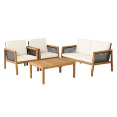 three chairs and a coffee table are shown in this image, one is made out of wood