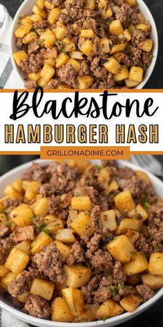 two bowls filled with black stone hamburger hashbrown hash browns and the words blackstone on