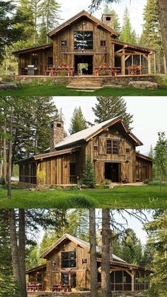 three pictures of a wooden cabin in the woods with lots of windows and porches