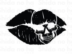 a black and white image of a skull with glasses on it's face, in the shape of a woman's lips