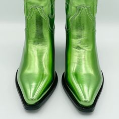 Green Metallic Low Stacked Block Heel Closed Pointed Toe Oversized Side Pull Tabs For A Pull On Design Synthetic Upper, Lining And Outsole Green Leather Boots For Summer, Green Leather Summer Boots, Chic Green Summer Boots, Green Snip Toe Boots For Spring, Lime Green Boots, Green Boots, On Design, Shoes Heels Boots, Lime Green