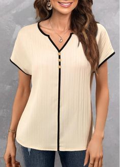 Color:Beige;Size:M;Package Contents:1 X Blouse;Occasion:Casual;Style:Casual; Blouse Designs Catalogue, Trendy Sewing, Beige Shorts, Modern Clothing, Lovely Tops, Casual Jumpsuit, Modern Outfits, Midi Dress Sleeveless, Casual Top